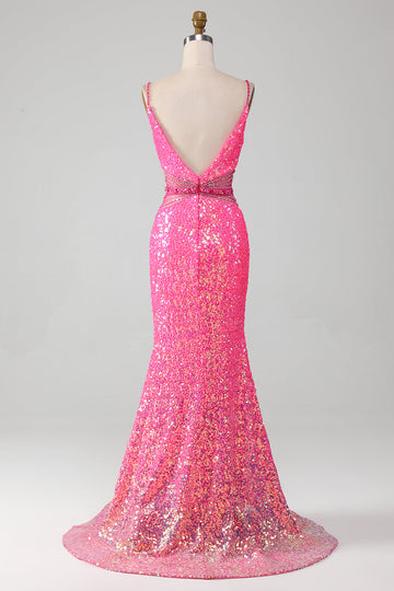 Vestido de fiesta de sirena con purpurina de tirantes de espagueti rosa intenso con cintura de abalorios